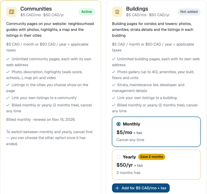 The Communities and Buildings add-on cards in Billing: $5 CAD a month or $50 CAD a year plus applicable taxes each, with what each one includes.