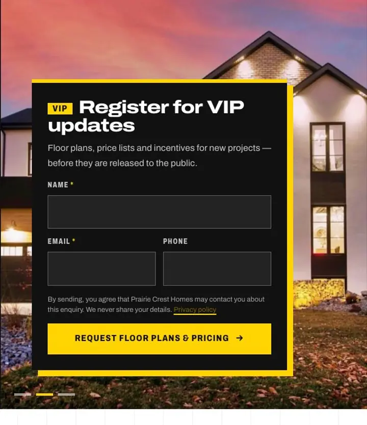The “Register for VIP updates” card on the Launch template, over a photo of a new home, with name, email and phone fields and a “Request floor plans & pricing” button.
