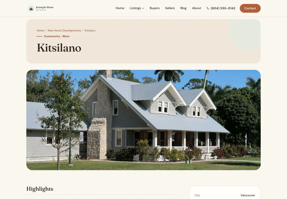 A community page on a demo realtor website: “Kitsilano” with a large house photo and highlights such as walk score, transit, schools and typical homes.