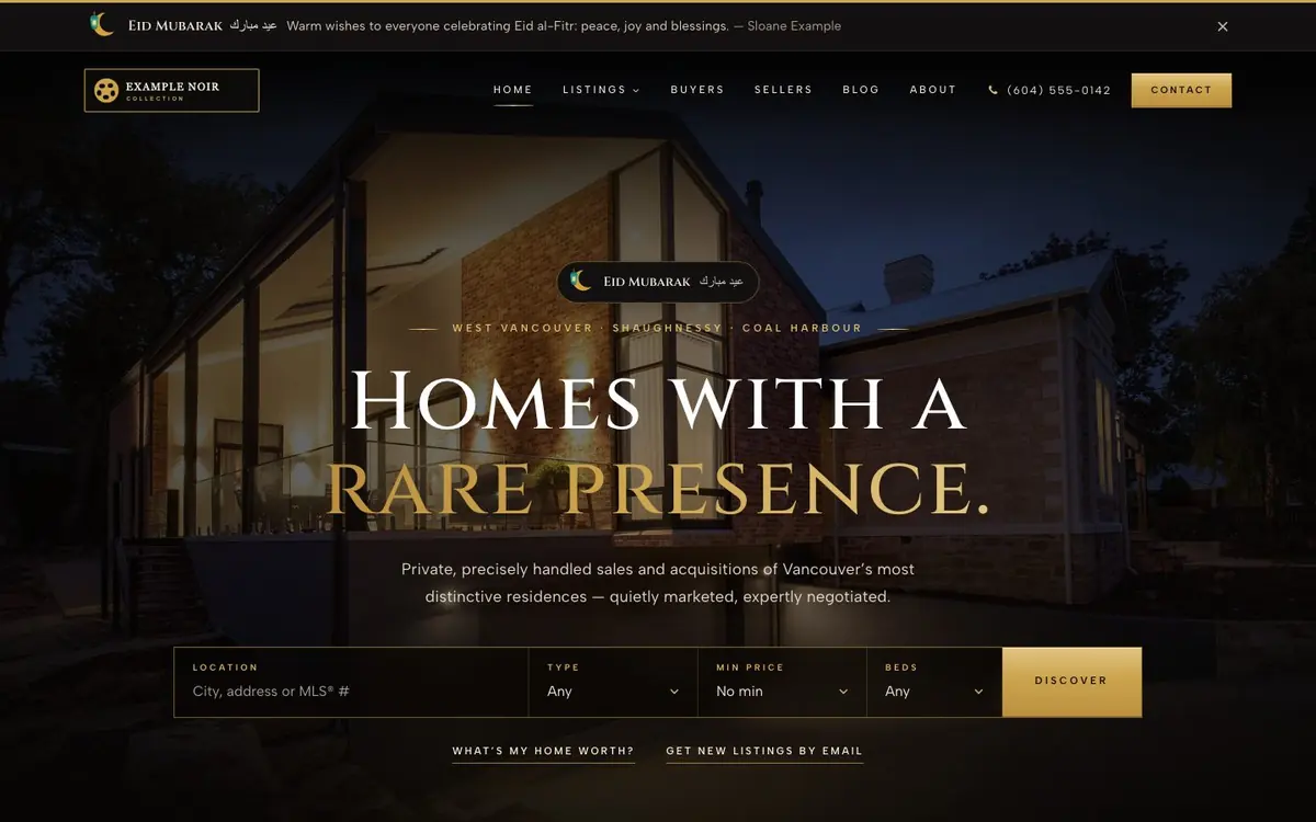A dark luxury realtor home page with an “Eid Mubarak عيد مبارك” ribbon and badge.