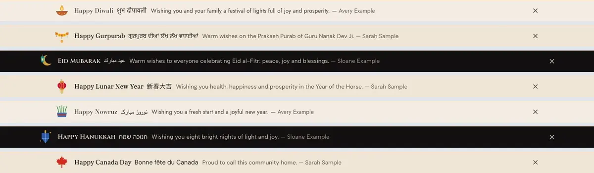 Seven greeting ribbons: Happy Diwali, Happy Gurpurab in Punjabi, Eid Mubarak in Arabic, Happy Lunar New Year in Chinese, Happy Nowruz in Persian, Happy Hanukkah in Hebrew and Happy Canada Day in French.
