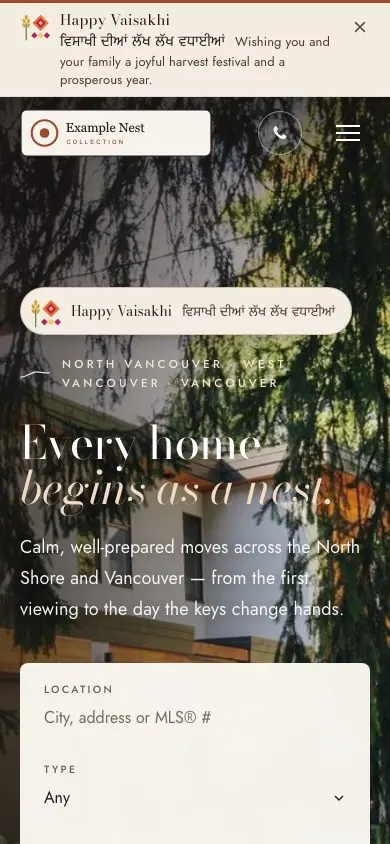 A realtor website on a phone with a “Happy Vaisakhi ਵਿਸਾਖੀ ਦੀਆਂ ਲੱਖ ਲੱਖ ਵਧਾਈਆਂ” ribbon and badge.