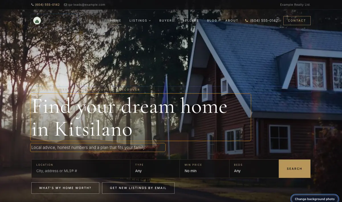 Live edit with the home-page background photo replaced and a Change background photo button in the corner.
