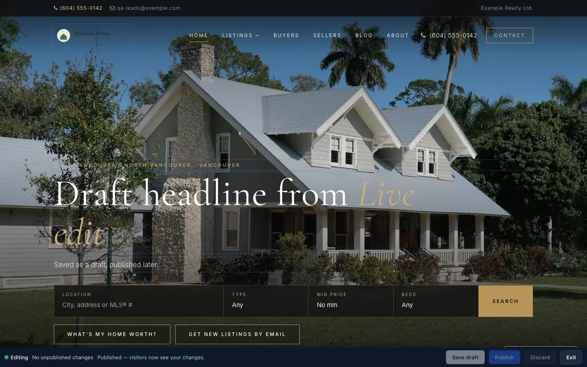 A realtor home page after publishing a new headline with Live edit.