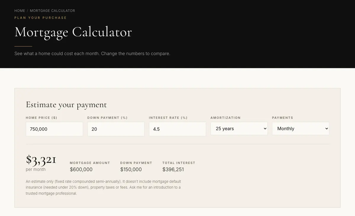 A mortgage calculator page on a demo website: home price, down payment, interest rate, amortization and payment frequency, with the estimated monthly payment, mortgage amount, down payment and total interest.