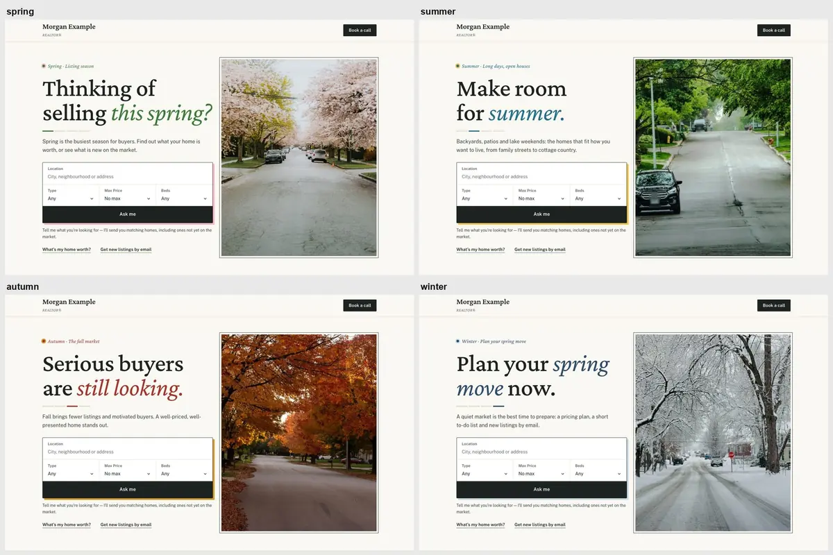 The Almanac template in spring, summer, autumn and winter, with a seasonal street photo and headline in each.