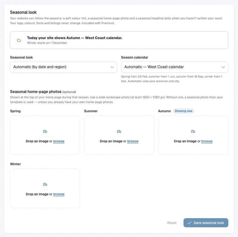Seasonal look settings: “Today your site shows Autumn — West Coast calendar”, a mode menu, a season calendar menu and an upload box for each season’s home-page photo.