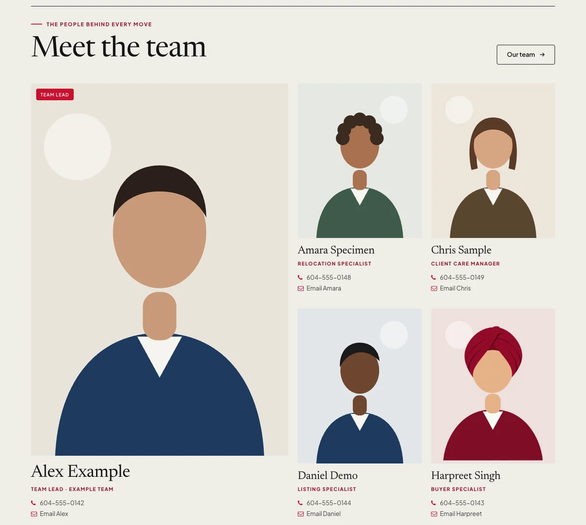 A “Meet the team” section on a demo website: a large card for the team lead and two smaller cards for a buyer specialist and a listing specialist, each with a phone number and an email link.