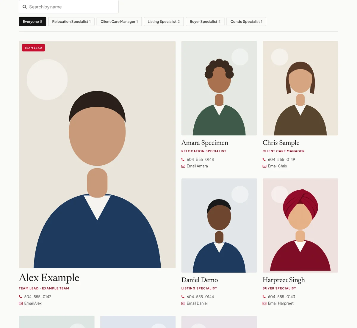 A team page on a demo website: the title “Meet Our Team”, the team intro and cards for three team members, with the team lead first.