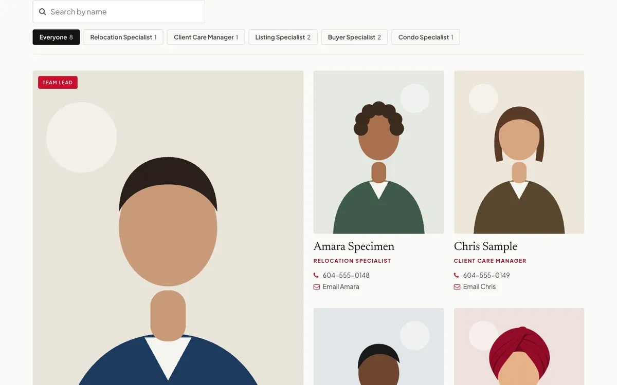 A team page on a demo website with role filters and agent cards.