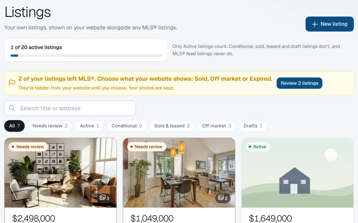 The Listings page in the RealtyTerminus admin.