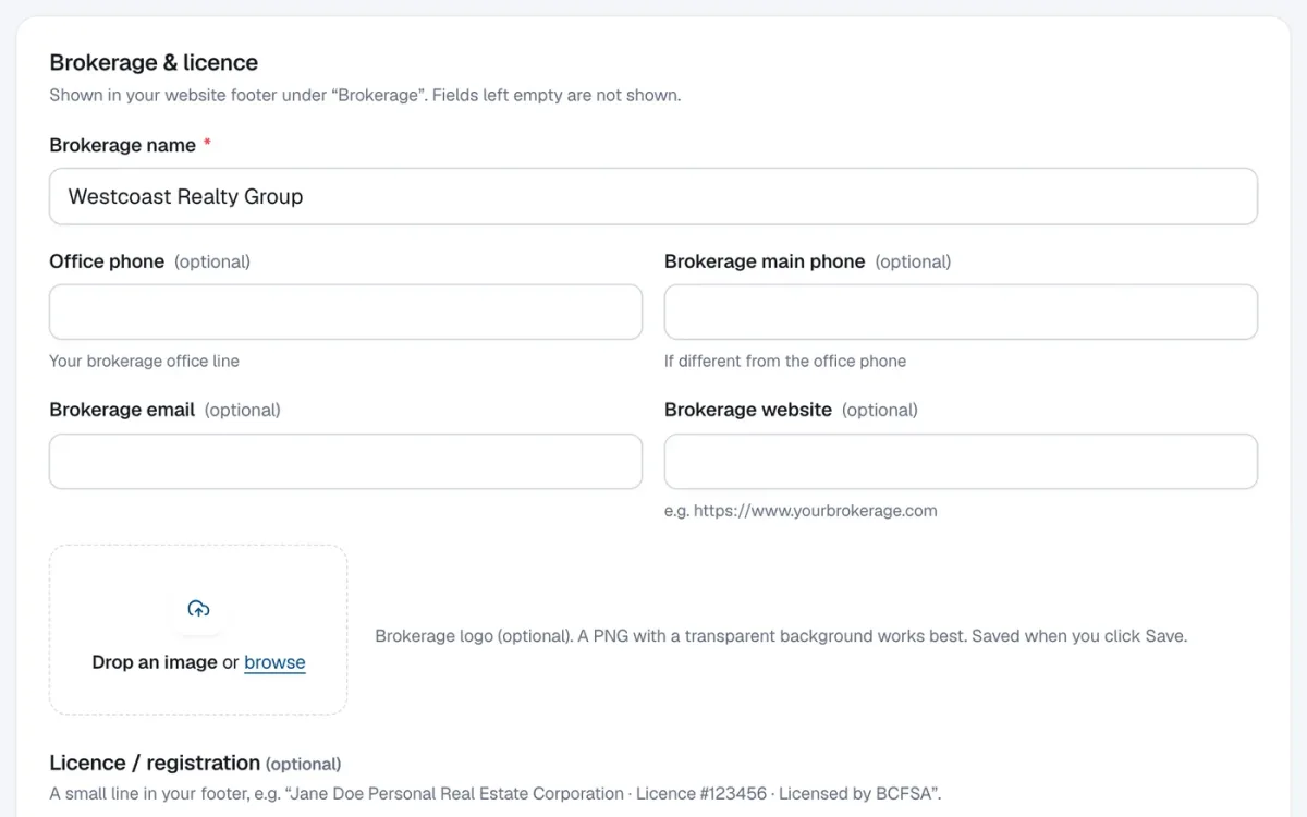 The Brokerage & licence panel in the RealtyTerminus admin with brokerage name and licence fields.