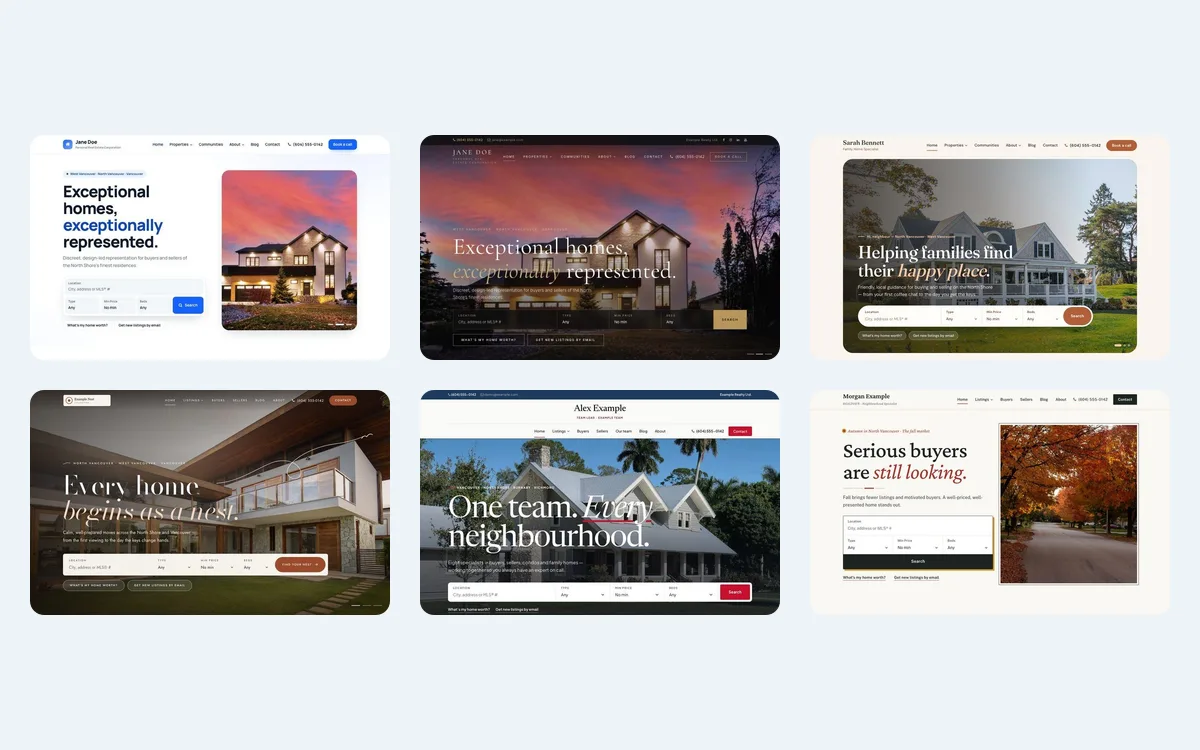 Six real estate website templates in a grid.