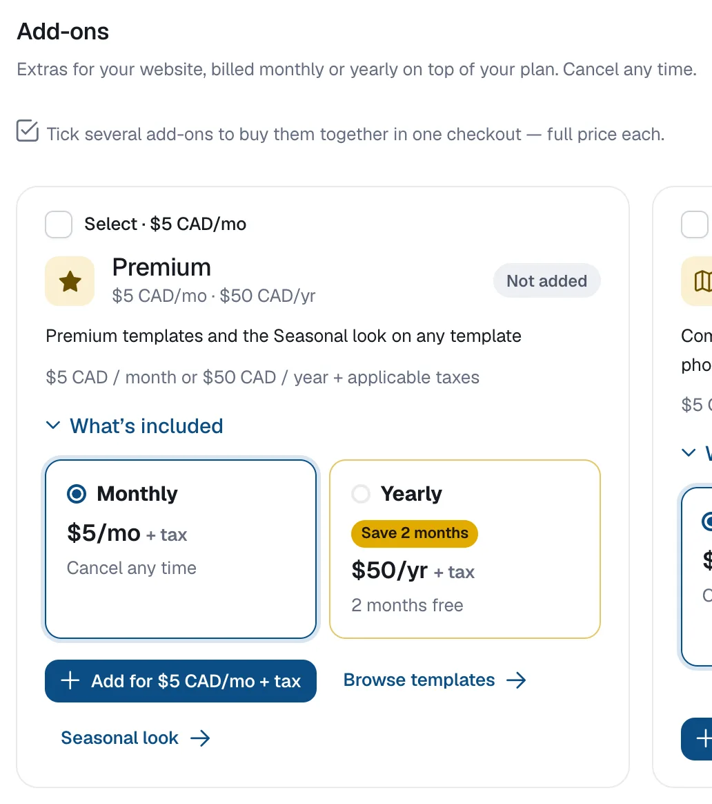 An add-on card in Billing with Monthly and Yearly choices, a Select checkbox and the Add button.