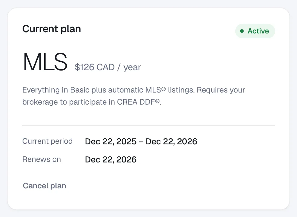 The Current plan card on the Billing page showing the MLS plan, the current period, the renewal date and the Cancel plan link.