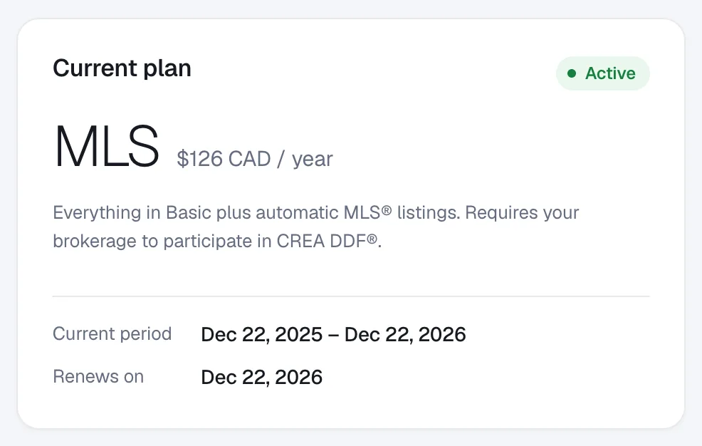 The Current plan panel in Billing showing the plan name, price and renewal date.