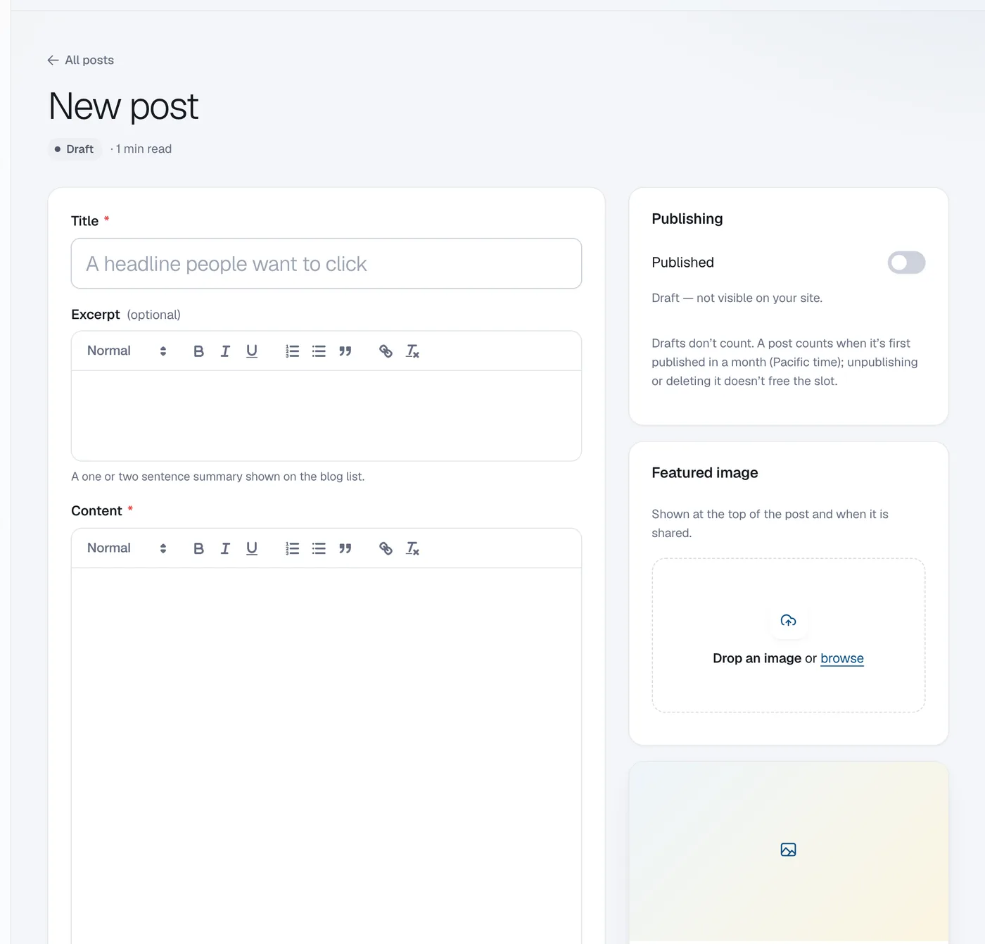 The New post editor with Title, Excerpt, Content, Search engine & sharing, Web address, Publishing and Featured image.