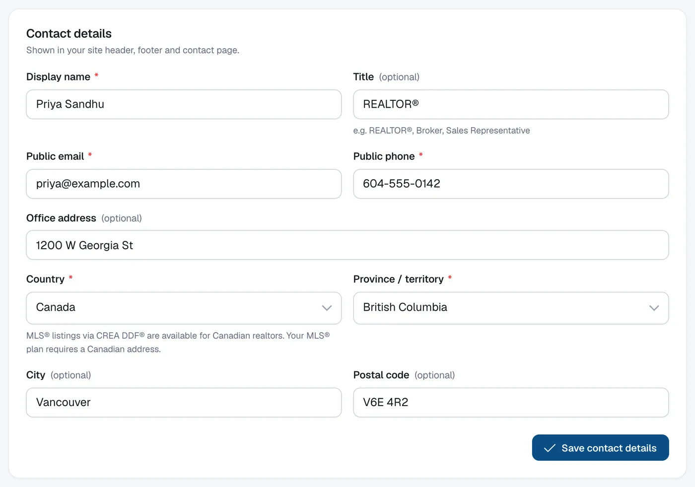 The Contact details panel with Display name, Title, Public email, Public phone, Office address, City and postal code.