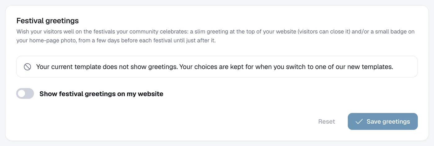 The Festival greetings panel with the Show festival greetings on my website switch.