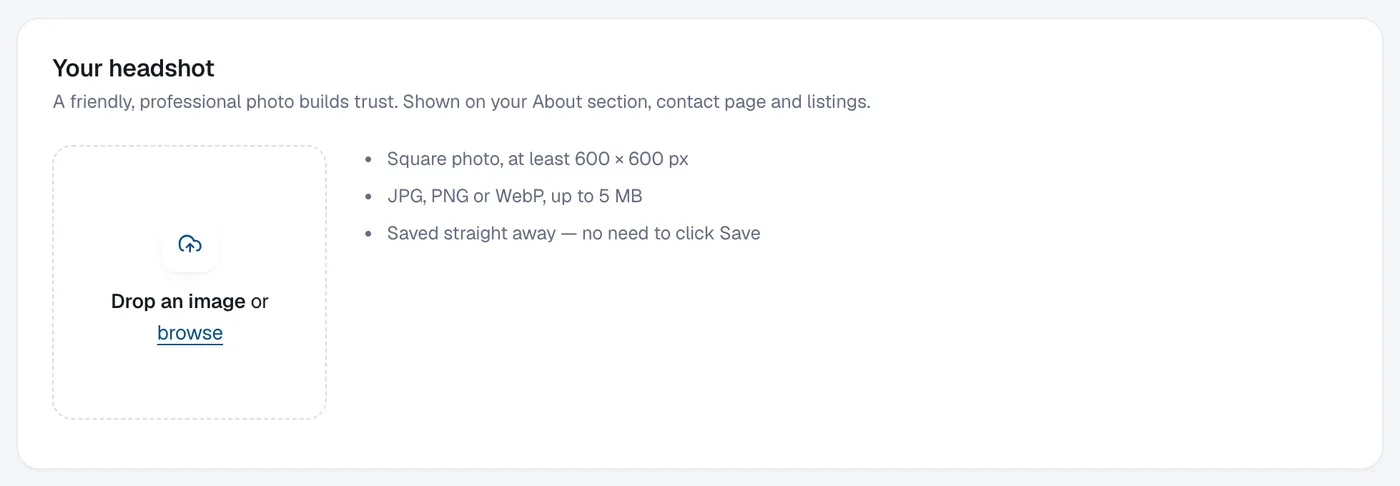 The Your headshot panel with the Upload headshot button and photo tips.