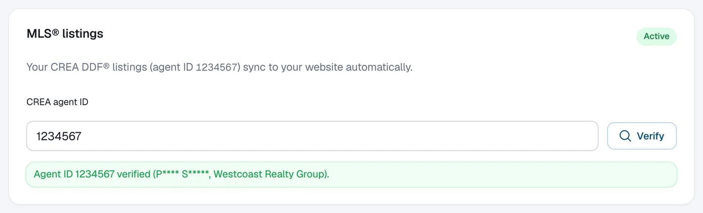 The MLS® listings panel in Branding with the CREA agent ID field and the Verify button.