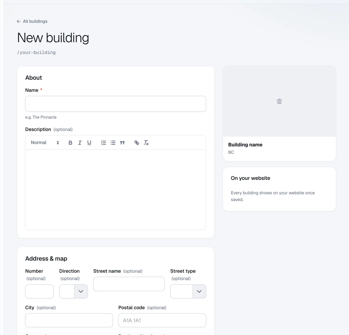 The New building editor with About, Address & map, Photos and Building details sections.