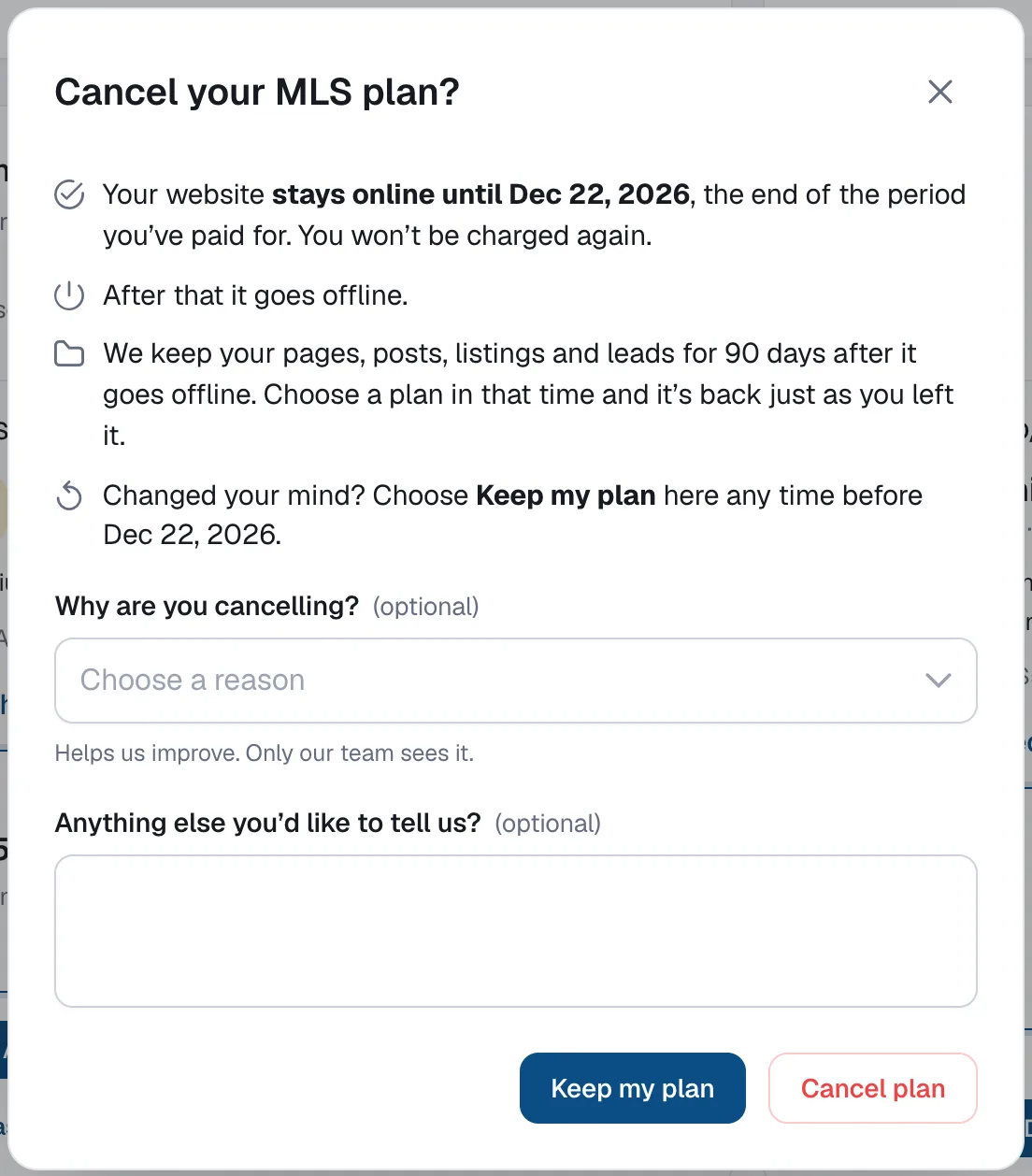 The Cancel your plan dialog: the website stays online until the end of the paid period, then goes offline, content is kept for 90 days, an optional reason and note, and the Keep my plan and Cancel plan buttons.