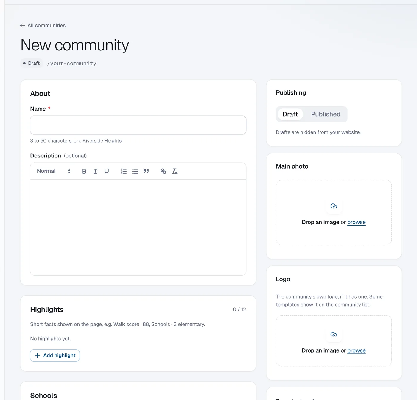 The New community editor with About, Highlights, Schools, Location & listings, Video & links, Publishing and Main photo.
