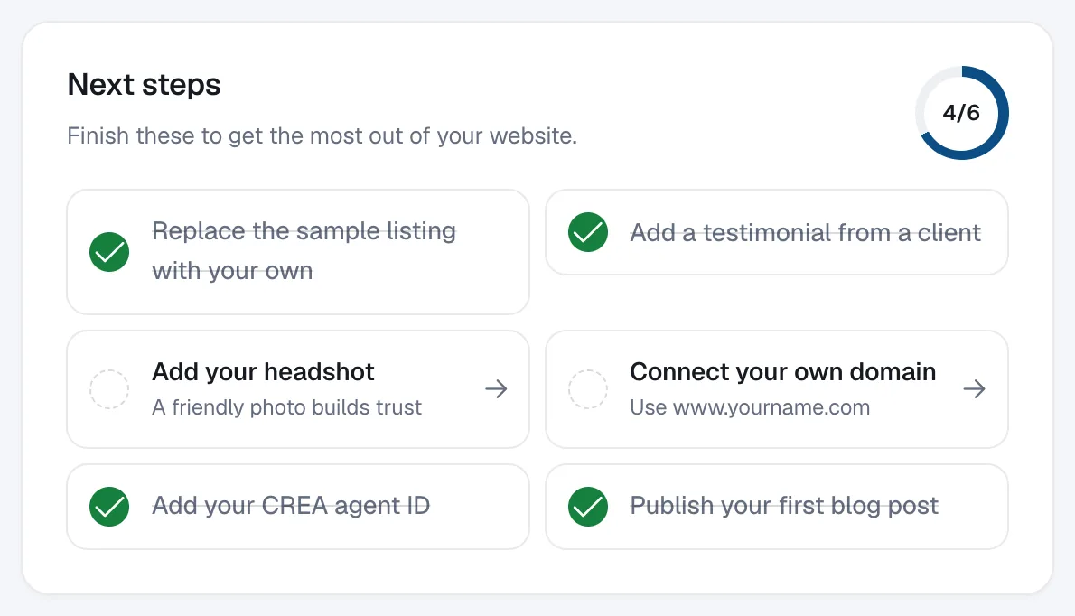 The Next steps panel on the dashboard with a progress ring and items such as Replace the sample listing with your own and Add a testimonial from a client.