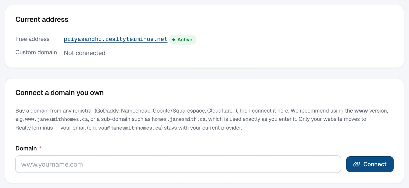The Custom domain page showing the free address and the Connect a domain you own form.