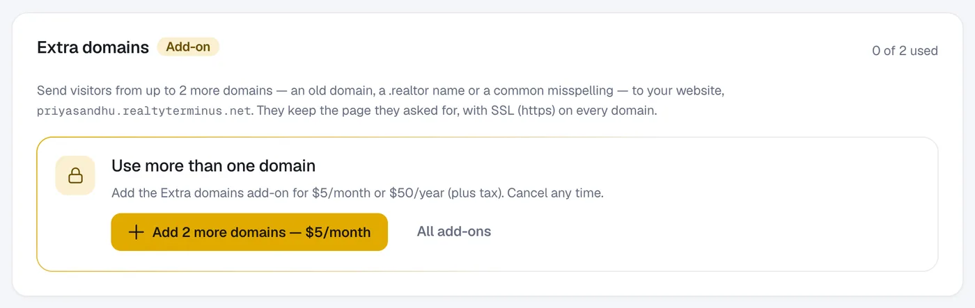The Extra domains panel with the Add-on badge and the button to add 2 more domains.