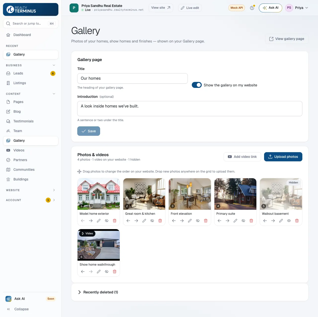 The Gallery page in the RealtyTerminus admin with the gallery title and introduction, the Upload photos and Add video link buttons, and a grid of photos with move, caption, hide and delete buttons.