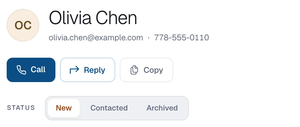 A lead with the Status buttons New, Contacted and Archived.