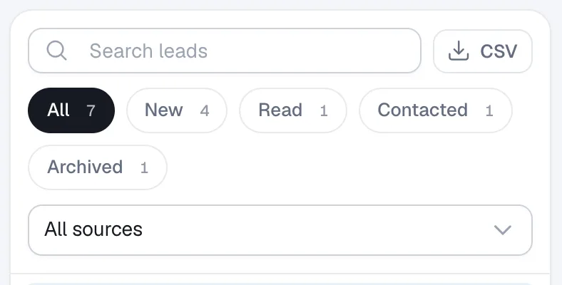 The CSV download button next to the Search leads box, above the status chips.