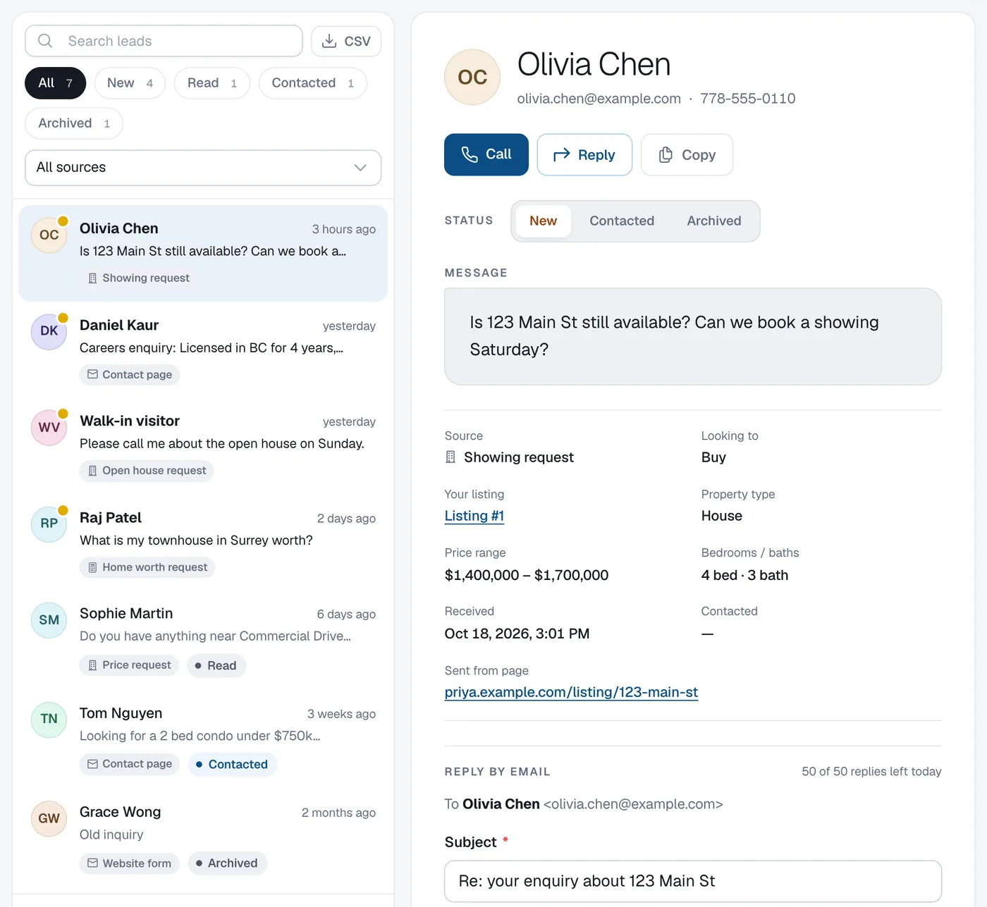 The Leads inbox: a list of leads on the left and the selected lead’s message, details and status on the right.
