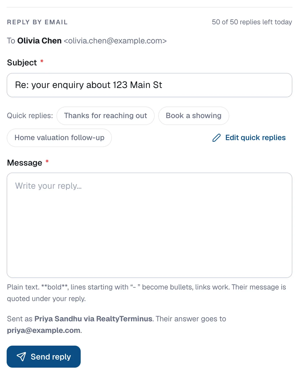 The Reply by email box with To, Subject, Quick replies, Message and the Send reply button.