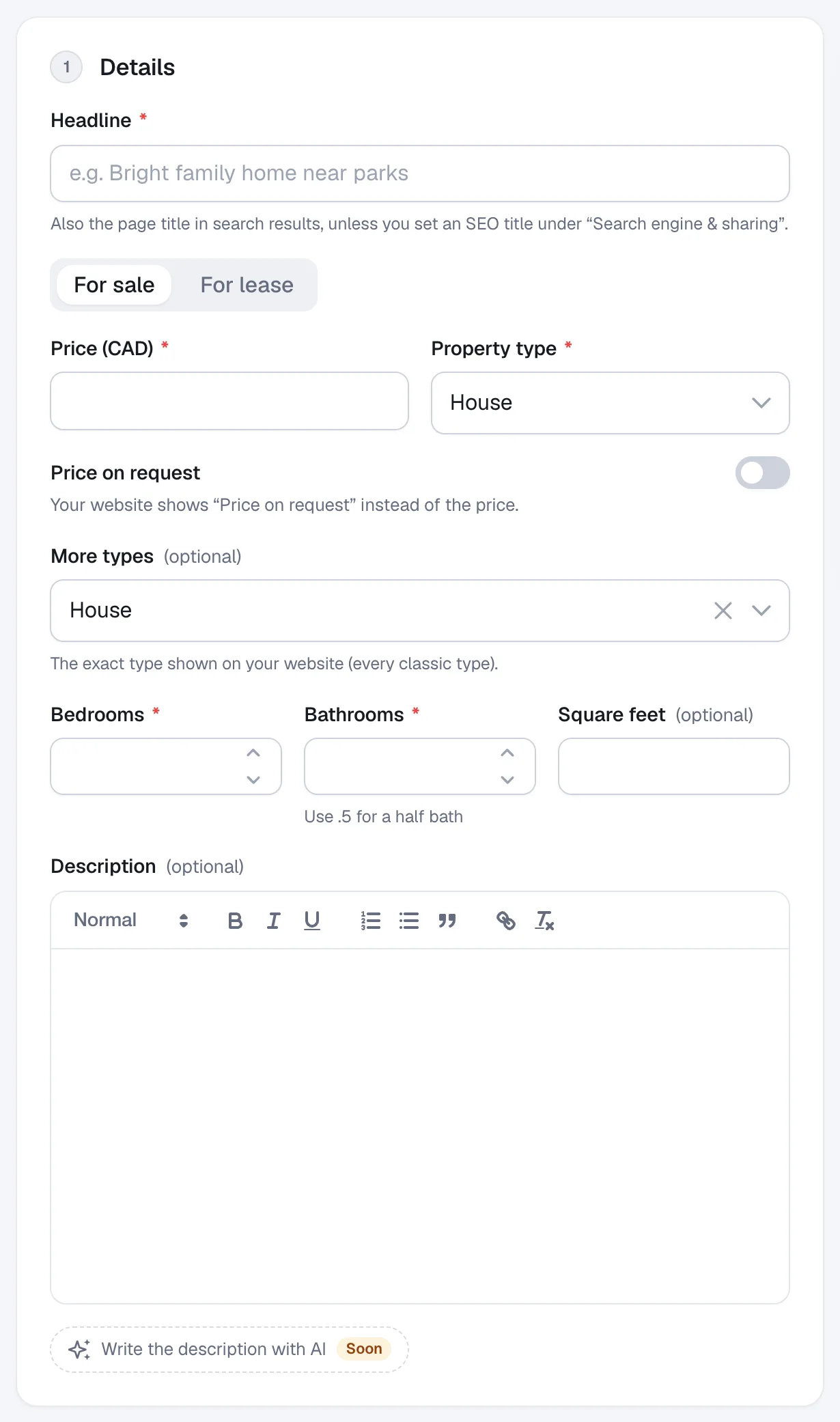 The Details section of a new listing: Headline, For sale or For lease, Price, Property type, Bedrooms, Bathrooms, Square feet and Description.