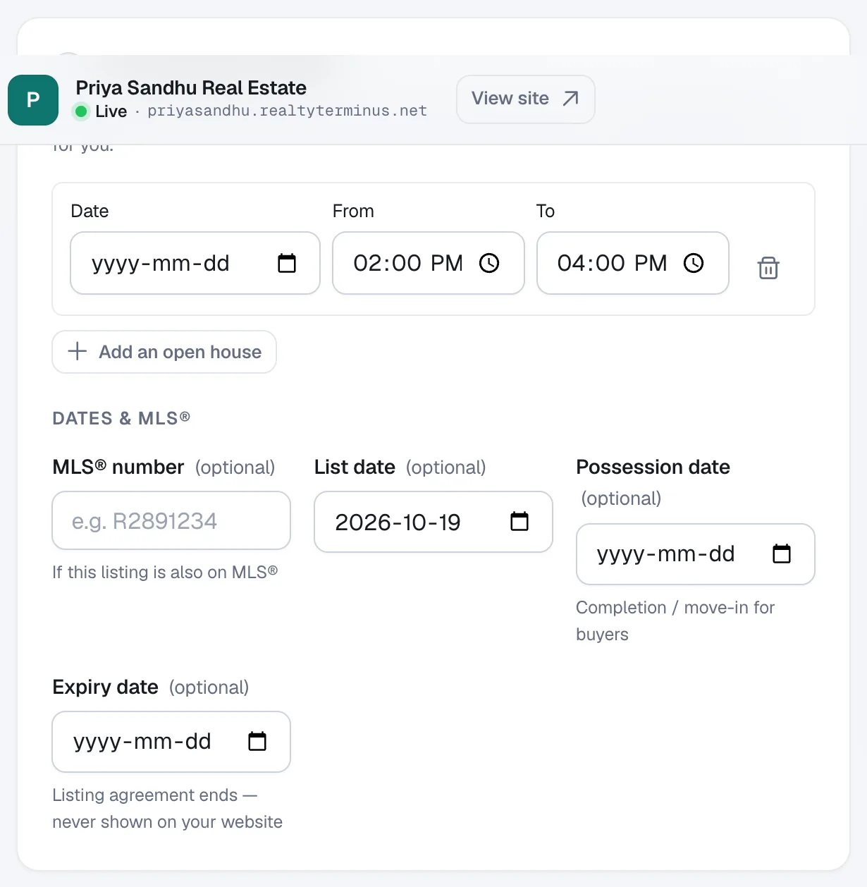 The Open houses & dates section with a date, a From time, a To time and the Add an open house button.