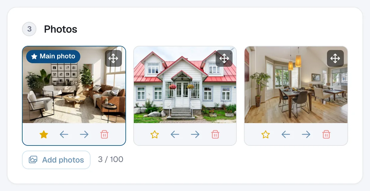 The Photos section of a listing with three photos, the Main photo badge, star, arrow and delete buttons, and the Add photos button.