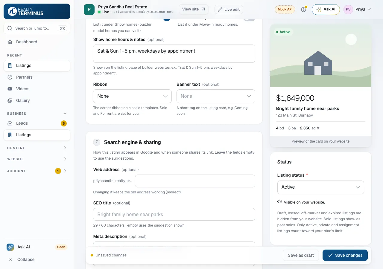 The New homes / builder section of the listing editor with the Show home and Move-in ready switches and the Show home hours & notes box.