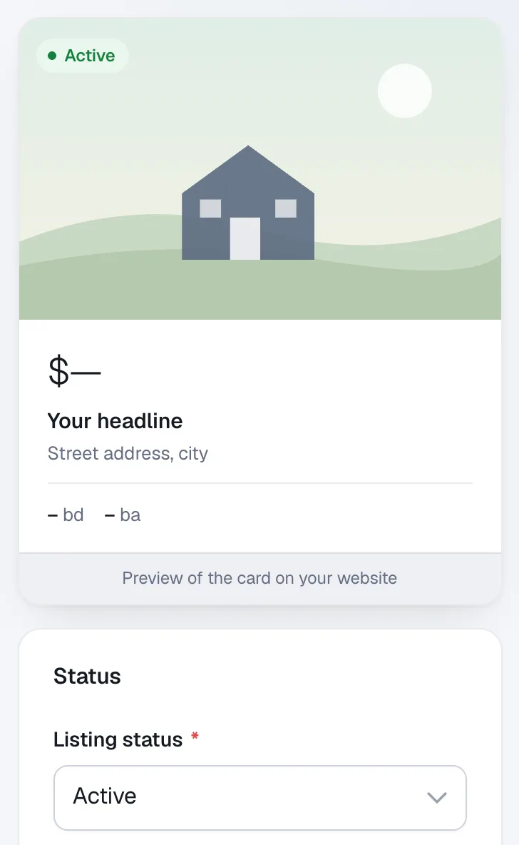 The Status panel with the Listing status menu and a preview of the listing card.