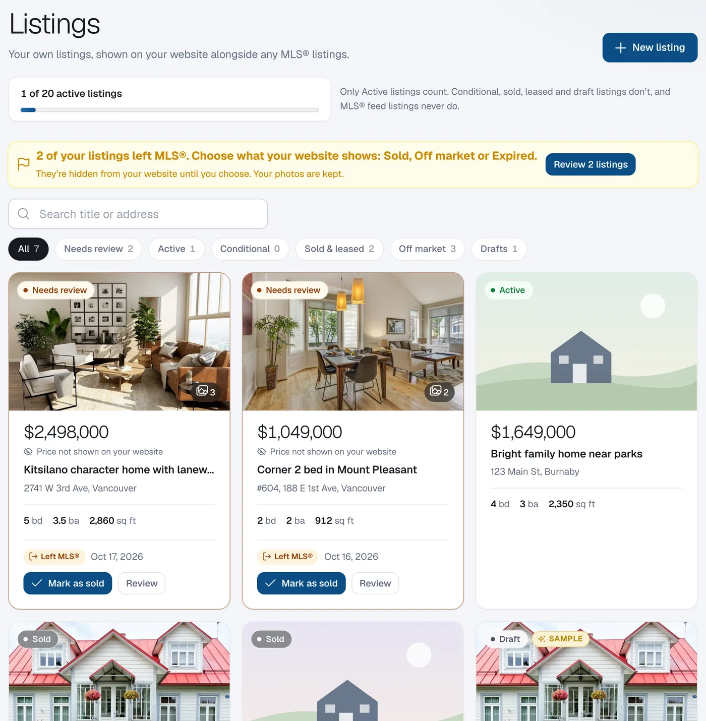 The Listings page with the New listing button, the active-listing usage bar, status chips and listing cards.