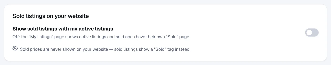 The Sold listings on your website panel with the Show sold listings with my active listings switch.