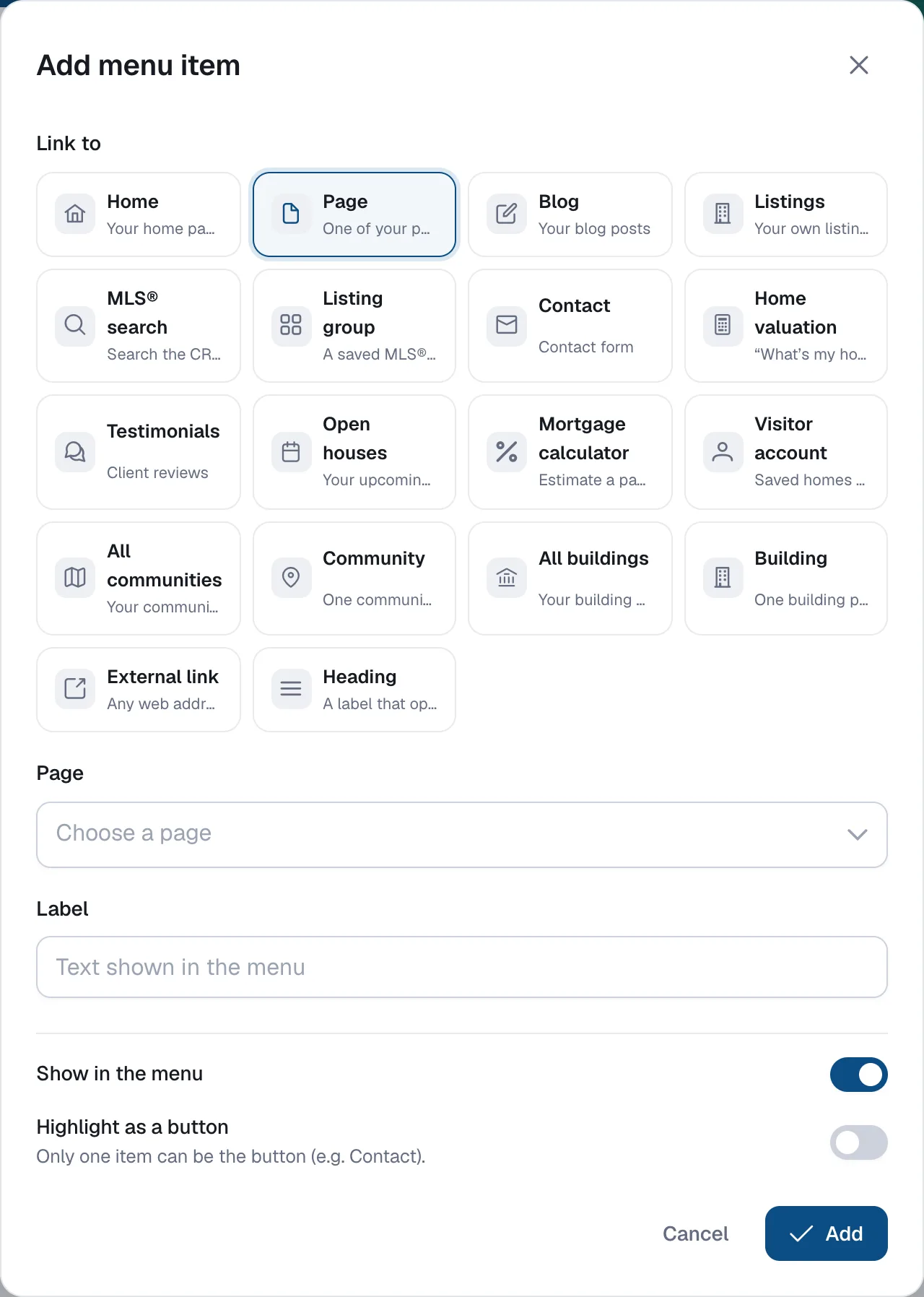 The Link to grid of the Add menu item dialog.