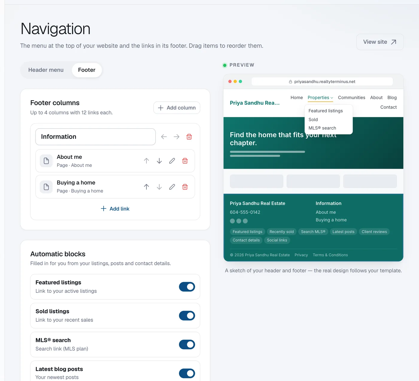 The Footer tab of Navigation with Footer columns, Automatic blocks and Legal pages.