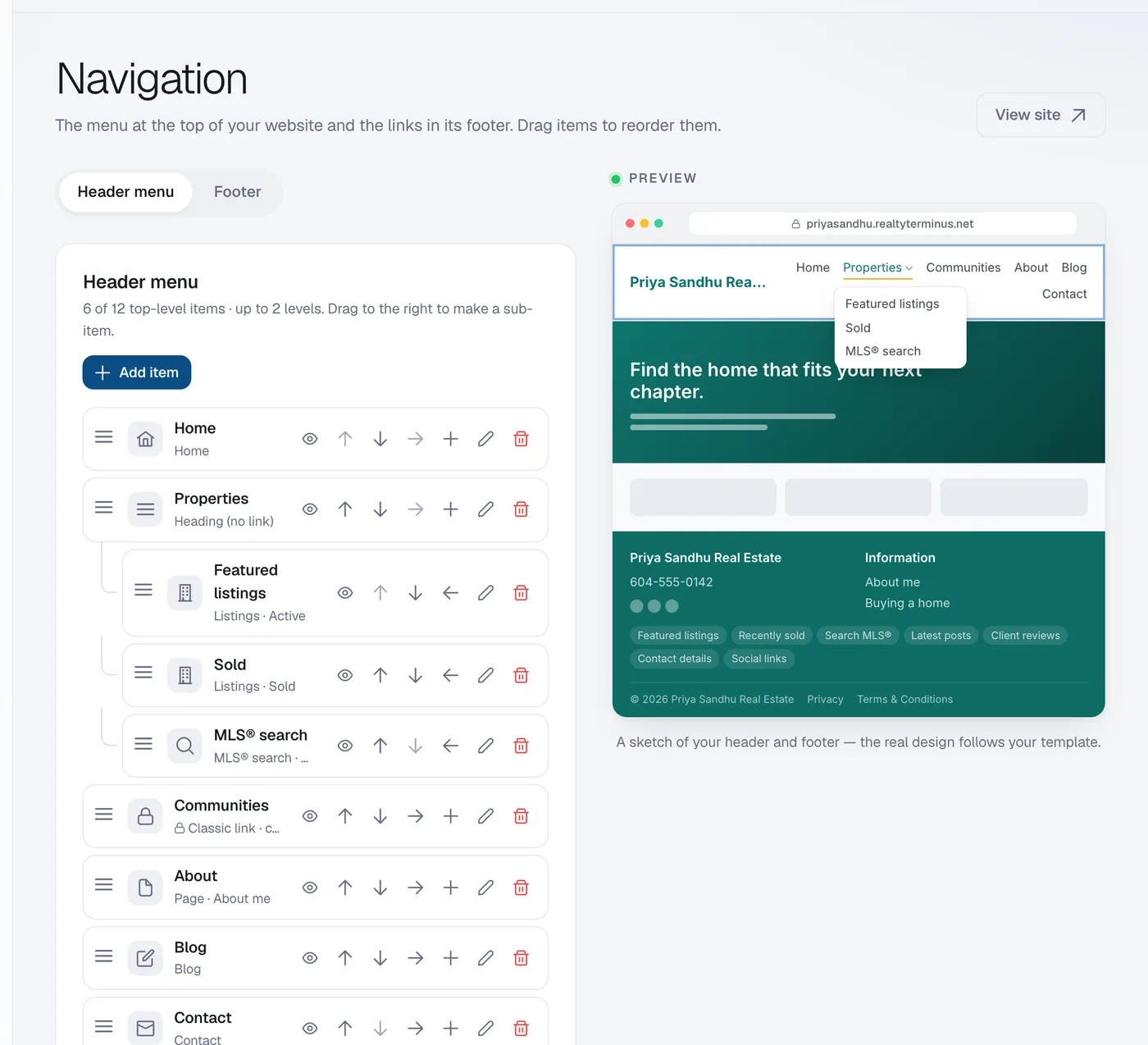 The Navigation page with the Header menu list, drag handles, move, show or hide, edit and remove buttons, and a preview of the header.