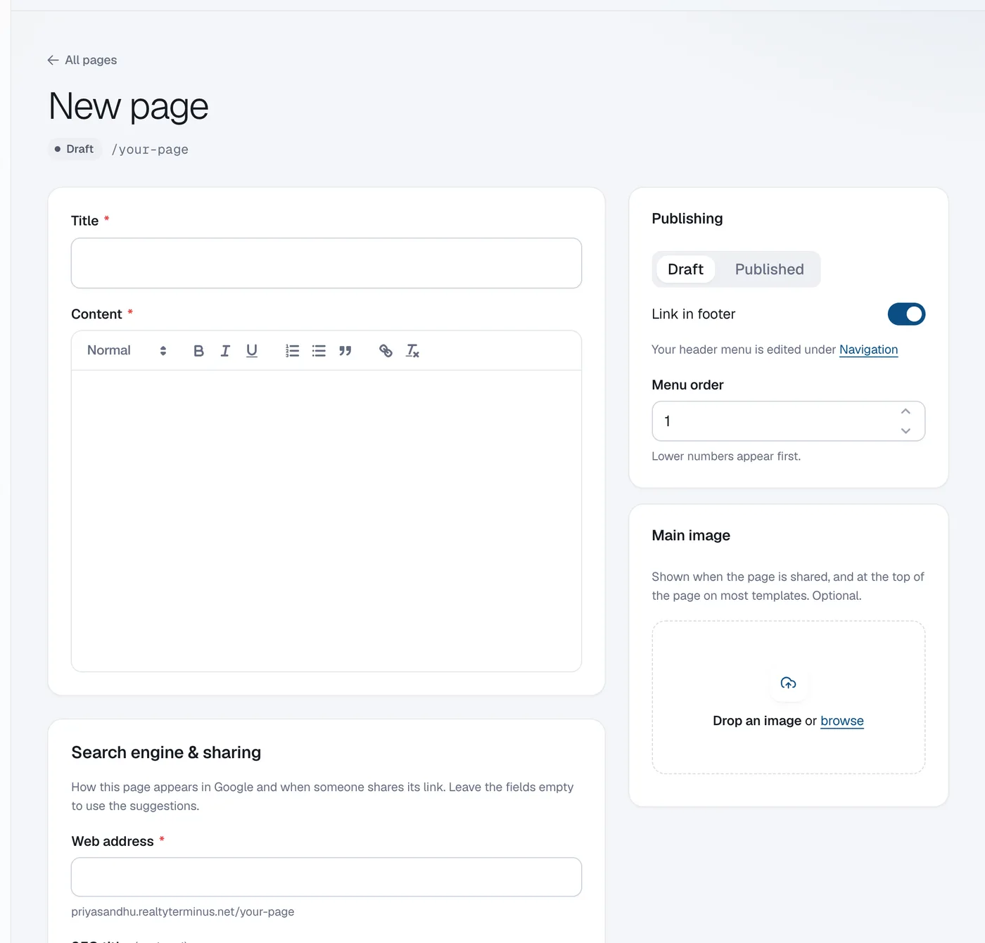 The New page editor with Title, Content, Search engine & sharing, Web address, Publishing and Main image.
