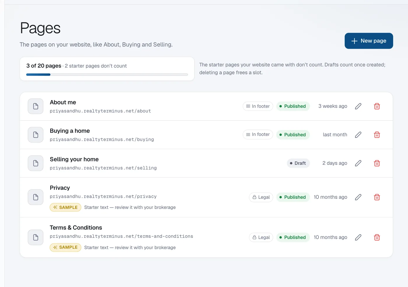 The Pages list with the New page button and pages such as About us, Buyers and Sellers.