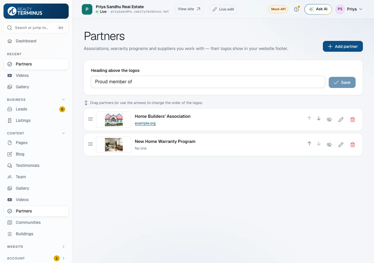 The Partners page in the RealtyTerminus admin with the heading field and a list of partner logos with move, hide, edit and delete buttons.