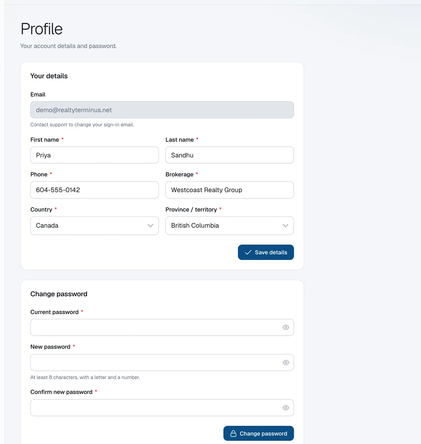 The Profile page with Your details (Email, First name, Last name, Phone, Brokerage) and Change password.